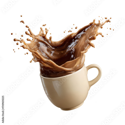 Dynamic splash of brown coffee liquid spilling from tilted mug. Energetic motion creates beverage concept isolated on transparency background, perfect for caffeine themes
