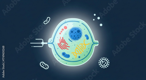 Plant cell illustration with organelles isolated on dark blue background
