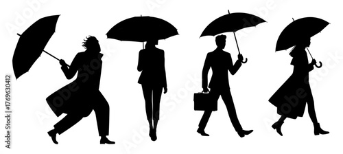 Black and white silhouette of people walking with umbrellas in various poses, minimalist vector illustration with strong contrast on transparent background, horizontal layout