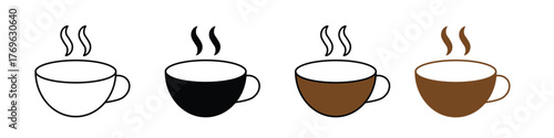 Hot coffee cup icon in outline, solid, and color styles with a white background, available in EPS format. Ideal for café, beverage, breakfast, and warm drink-themed designs.