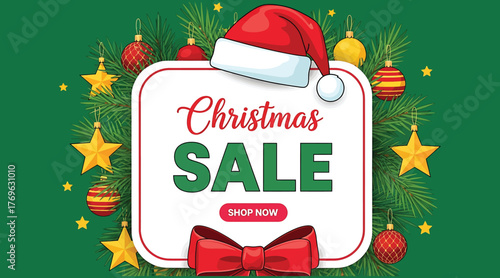 A vibrant christmas sale banner featuring a festive santa hat, ornaments, stars, and a cheerful red bow, all set against a lush green backdrop, beckoning shoppers to explore holiday deals