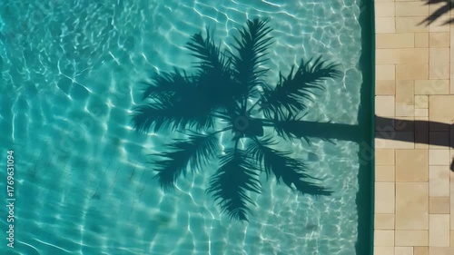 Tropical palm tree shadow dancing on clear blue swimming pool water surface with sunlit ripples