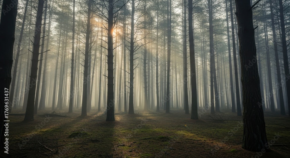 Naklejka premium Enchanting morning sunlight through dense forest of tall straight trees landscape