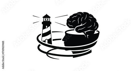 A lighthouse and a human head with a brain inside surrounded by a swirling line design