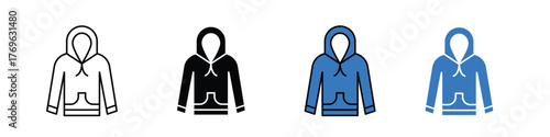 Hoodie icon in outline, solid, and color styles with a white background, available in EPS format. Ideal for fashion, clothing, casual wear, and winter-themed designs.