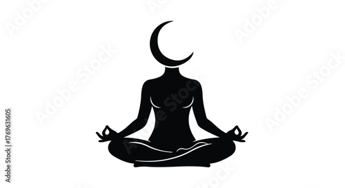 Silhouette of a woman meditating with a moon above her head on a white background art design