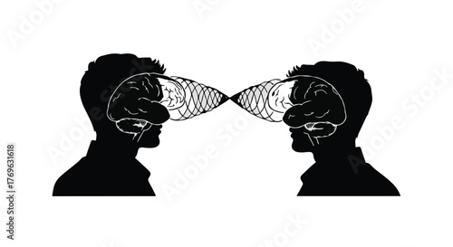 Two head silhouettes facing each other with brains connected by a wave pattern in black and white