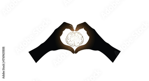 Two hands forming a heart shape around a glowing brain on a white background illustration art