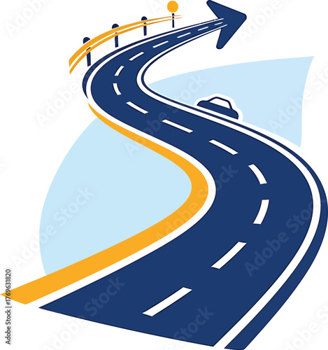 A conceptual vector illustration of a winding highway transforming into an arrow, symbolizing the journey forward, strategic planning, and the road to success