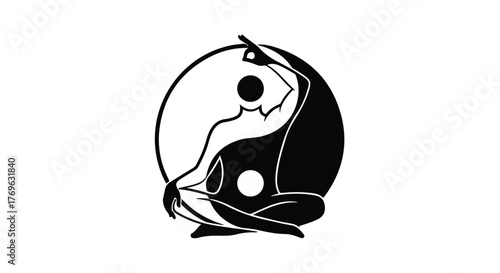 Yin yang symbol with figure in lotus position and hand raised in black and white illustration