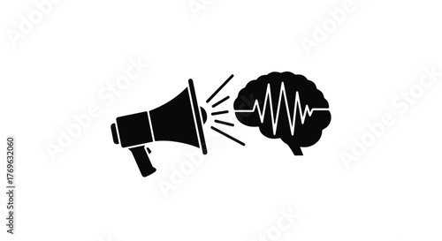 A black and white illustration of a megaphone and a brain with a waveform inside it