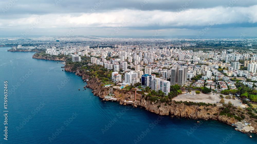 Fototapeta premium Antalya city center, Antalya's famous cliffs drone footage