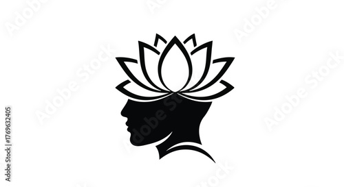 Silhouette of a head with a lotus flower on top in black and white simple vector design