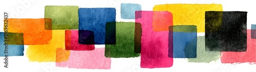 Bright watercolor rectangles layered in soft pastel tones, perfect for abstract art and digital design backgrounds, Abstract watercolor composition with colorful rectangular shapes and brush texture