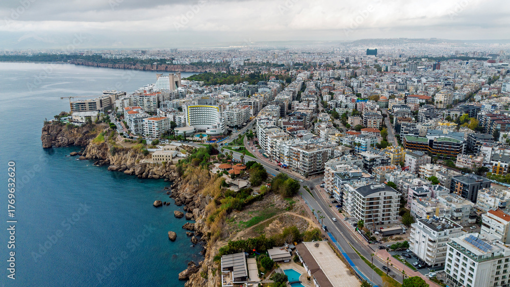 Obraz premium Antalya city center, Antalya's famous cliffs drone footage