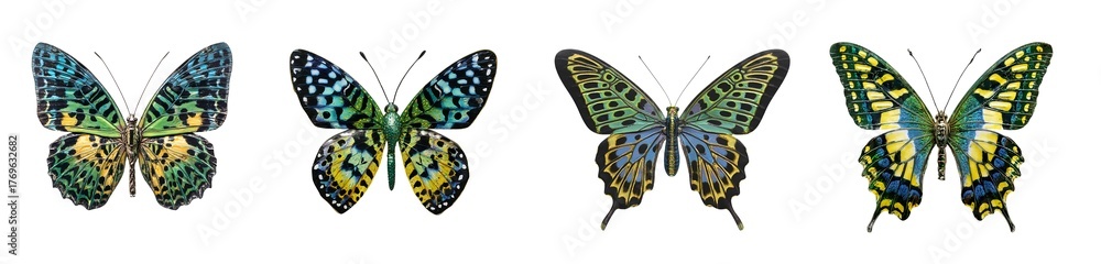Fototapeta premium set of butterfly (with green, blue, yellow, black patterned wings), front-facing, solid white background