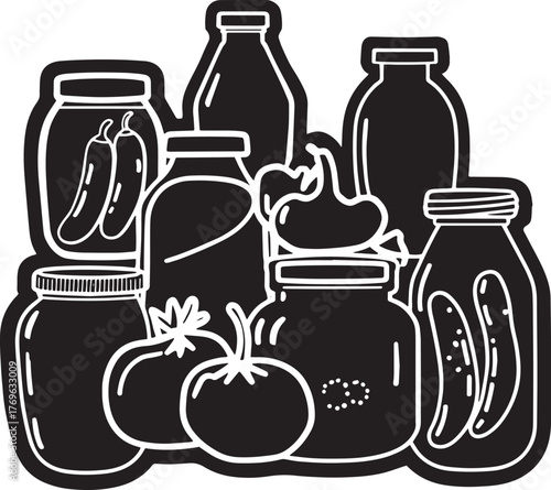 Monochrome hand drawn illustration of canning jars with vegetables arrangement