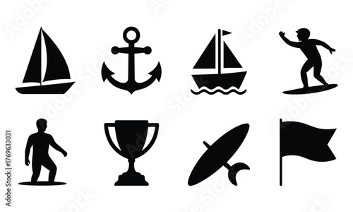 Nautical and watersport icons silhouette
