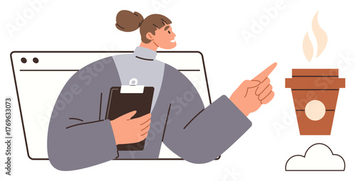 Woman holding clipboard, pointing at steaming coffee cup next to cloud design, symbolizing online work, break culture, productivity, focus, creativity, motivation wellness. Simple flat metaphor
