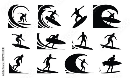 Dynamic surfer silhouettes capturing the thrill of riding waves collection silhouette