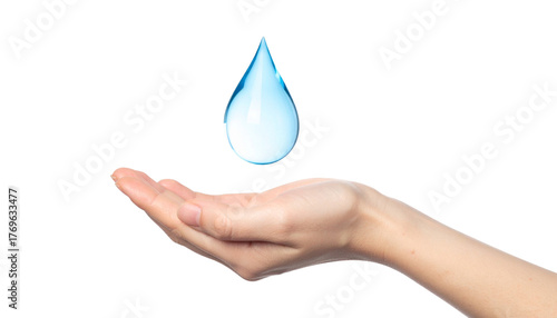 A close-up view of a hand with a water drop, symbolizing environmental protection and cleanliness