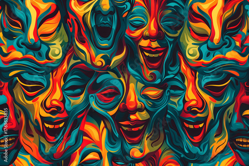Modern Abstract Expression of Theater Masks, Seamless Painted Design