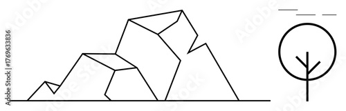 Geometric mountain peaks paired with a stylized tree, evoking nature and simplicity. Ideal for nature, minimalism, outdoor adventure, serenity, environment, eco-awareness, simple flat metaphor