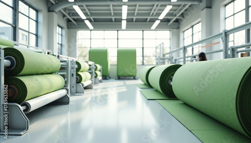 Textile manufacturing showcases rolls of fabric in industrial setting with natural light, showing textile manufacturing in process.
