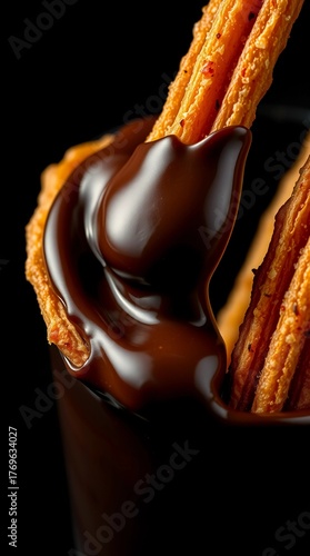 dark background glossy churros fried dough chocolate sauce indulgent dessert moody lighting close-up
