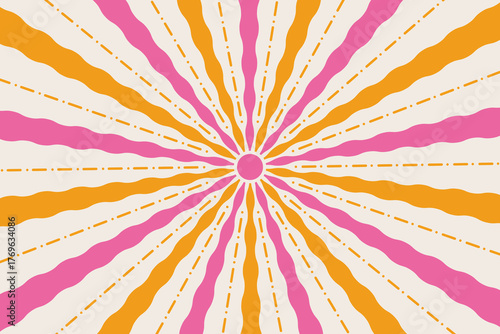 Swirl groovy sun with wavy rays illustration for trendy y2k designs. Hippie sunny abstract yellow and pink background.