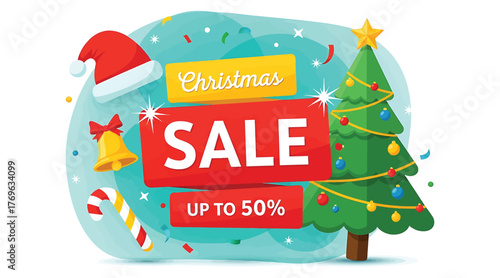 A vibrant christmas sale banner, showcasing a christmas tree, santa hat, bell, and candy cane, with a prominent sale message and a up to 50 discount offer