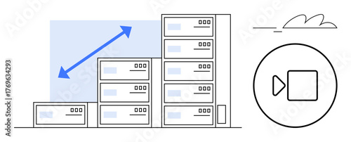 Server stacks representing system scalability, blue arrow illustrating growth, play button hinting at video-related services. Ideal for technology, cloud storage, media streaming, scalability