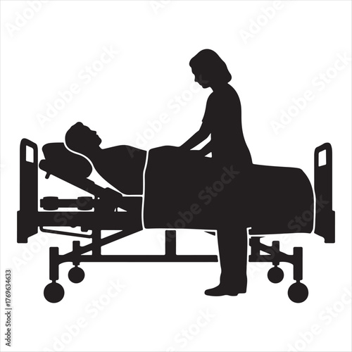 Silhouette of a nurse caring for a patient in a hospital bed with medical equipment