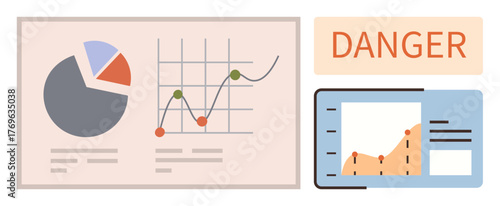 Pie chart, line graph, and rising bar chart next to a bold danger alert. Ideal for risk management, financial analysis, business forecasting, data visualization, security alerts, fintech strategic