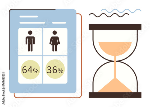 Demographic data comparing gender percentages on a report next to an hourglass. Ideal for analysis, time management, demographics, diversity, research, equality, and deadlines. Simple flat metaphor