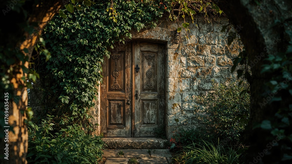 Fototapeta premium Wooden door and climbing bush house, home, building, wall, garden, green, architecture, plant, street, door