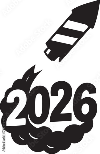 Firework rocket launching upward leaving 2026 smoke trail, festive celebration art.
