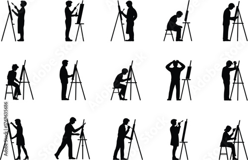 Artist silhouettes painting and drawing, easel poses, creative studio icons for art education, design, inspiration, and branding, flat vector illustration