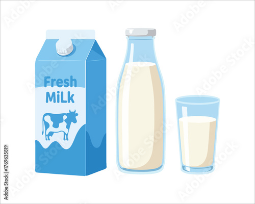 Fresh milk carton bottle and glass dairy product illustration design