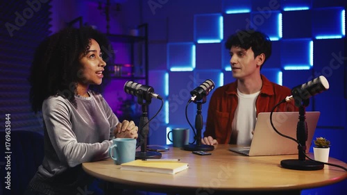 Wallpaper Mural Two presenters recording podcast in studio, discussing hobbies and trends Torontodigital.ca