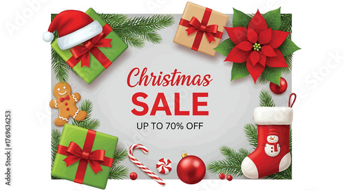 Christmas sale banner with gift boxes, poinsettia, gingerbread man, candy cane, christmas ornament, and christmas stocking christmas sale up to 70 off