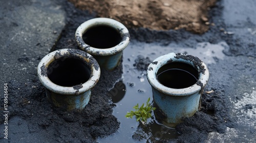 Exposed Ceramic Drainage Pipes Damaged by Land Slippage Outdoors