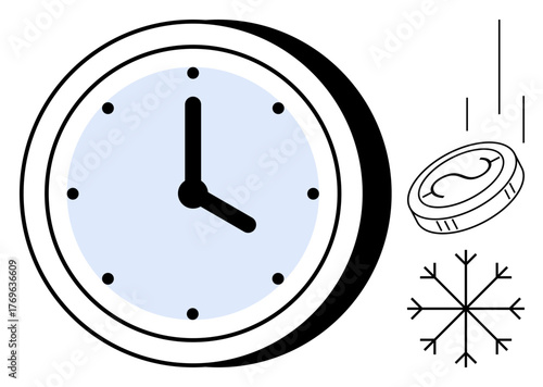 Analog clock, falling coin, and snowflake communicate time management, financial value, winter season, decision-making, and transitions. Ideal for business, finance time seasons success change