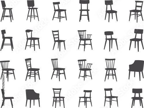 Chair silhouette collection, furniture icon set, bar stool armchair dining seat design, interior decor shapes, flat vector illustration