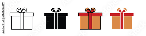 Gift box icon in outline, solid, and color styles. Ideal for celebrations, holidays, birthdays, and festive-themed designs.