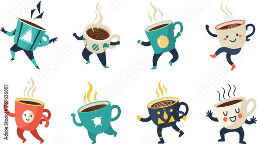 Set of Energetic Cartoon Coffee Mugs Dancing Vector Illustrations, Happy Caffeine Break and Morning Energy Graphics Collection.