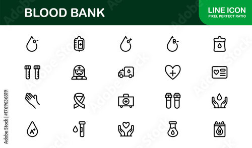 Blood Bank Icons – Professional Line Icon Set – Modern, Minimal Vector Collection for Medical Donation, Transfusion, and Healthcare Systems