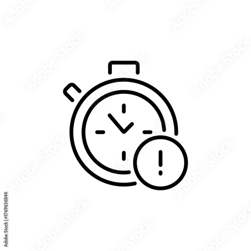 Alarm clock or stopwatch with exclamation mark icon. Outline vector illustration symbolizing urgency, alert, deadline, or time pressure. Minimal line design for warning, reminder, or emergency concept