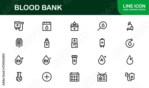 Blood Bank Icons – Professional Line Icon Set – Modern, Minimal Vector Collection for Medical Donation, Transfusion, and Healthcare Systems