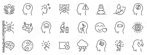 Mindfulness icons set. Outline vector symbols representing mind stress relief, relaxation, meditation, and inner peace. Minimal line design for mental health, calmness, wellness, and self-care concept